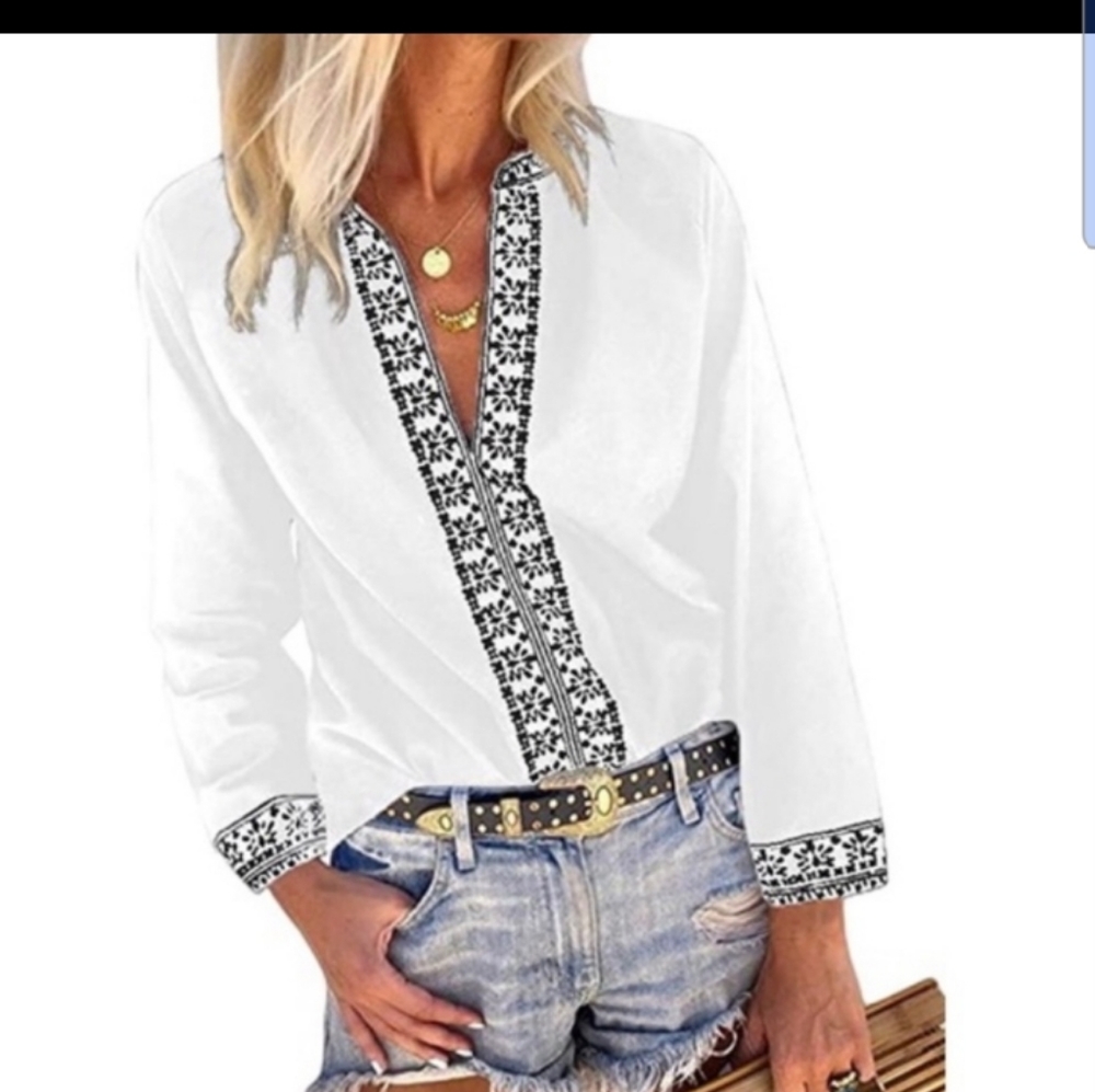 NEW Womens Boho Ethnic Style White Blouse